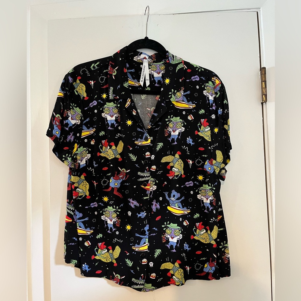Black Graphic Button-Up Shirt with Multicolor Cartoon Print